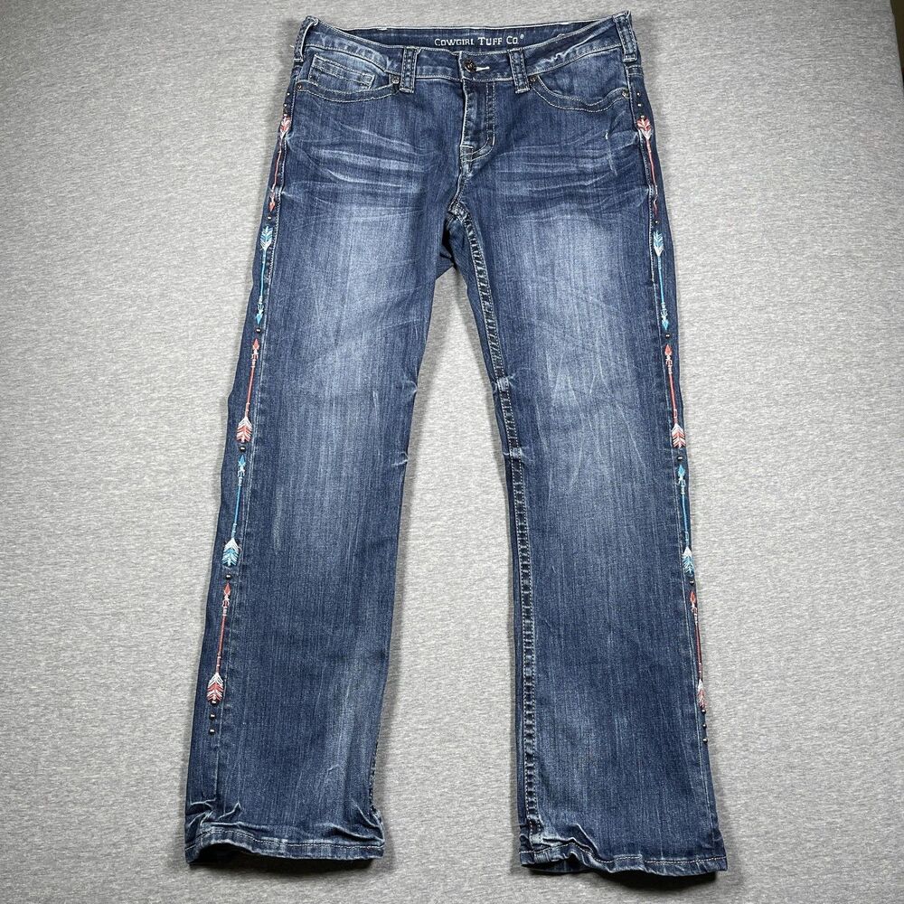 Cowgirl Tuff Co. Jeans Womens 32x31 Blue Bootcut Studded Embroidered Arrows - Picture 1 of 10